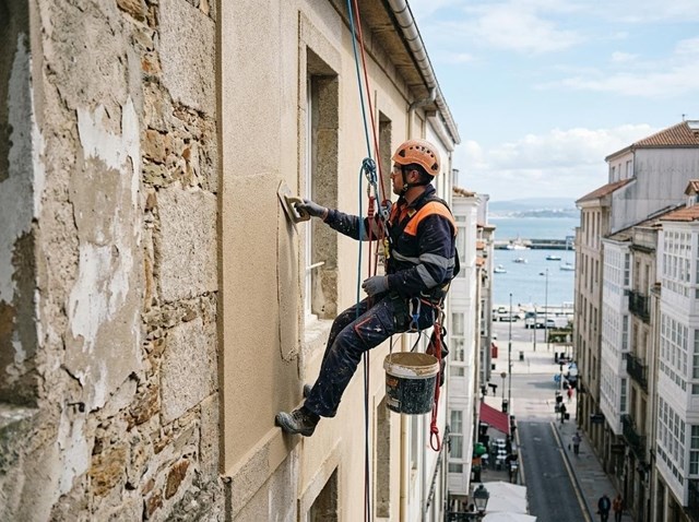 Rehabilitación de fachadas con revestimiento de marmorán en A Coruña - Imagen 1